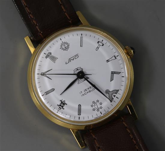 A gentlemans stainless steel and gold plated Uno wrist watch with masonic dial.